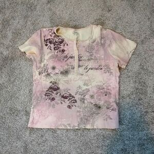 Pink Vintage Y2K Coquette Floral Henley Baby Tee Quarter Button Up Sz L